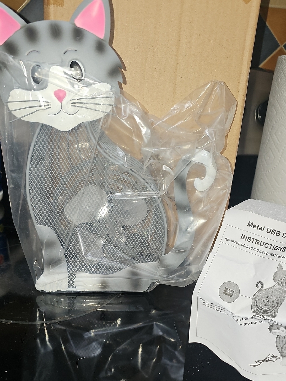 Cute Gray Cat Metal Desk Fan - Gray & Pink Accents NWT